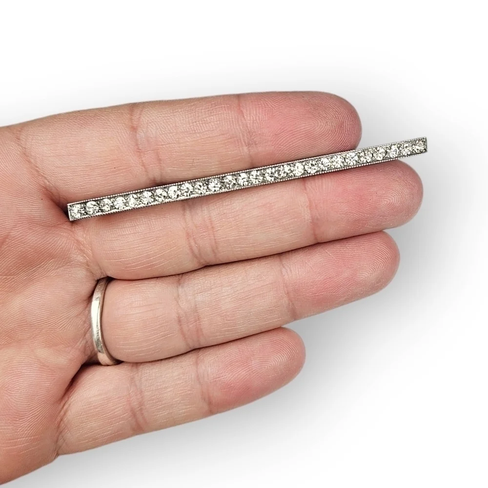 Antique Edwardian Bar Brooch White Paste Gems 925 Sterling Silver 1900s 3